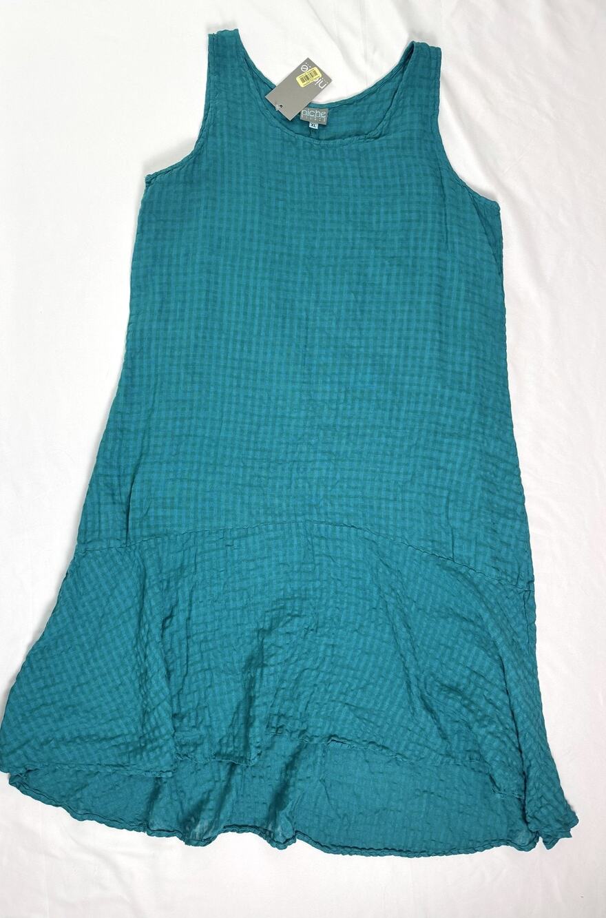 Niche Nilgun Derman Linen Dress XL Teal Lagenlook Maxi Flare Artsy Art to Wear